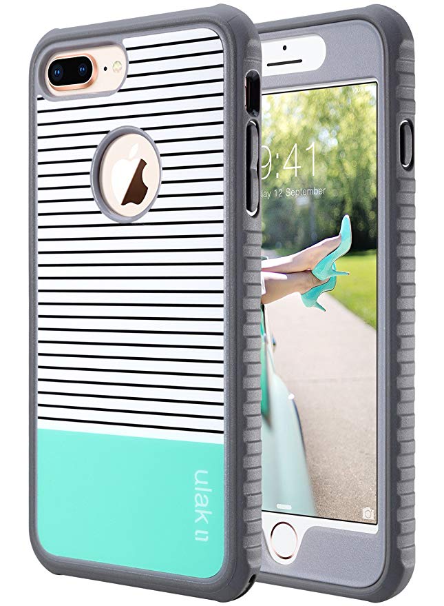 ULAK iPhone 8 Plus Case, Heavy Duty Shockproof Flexible TPU Bumper Case Durable Anti-Slip Lightweight Front and Back Hard Protective Safe Grip Cover for Apple iPhone 8 Plus Mint Stripes Minimal