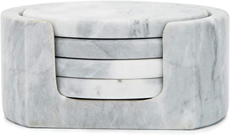 Fox Run Natural Polished Marble Stone Coasters, Set of 4, with Holder, White