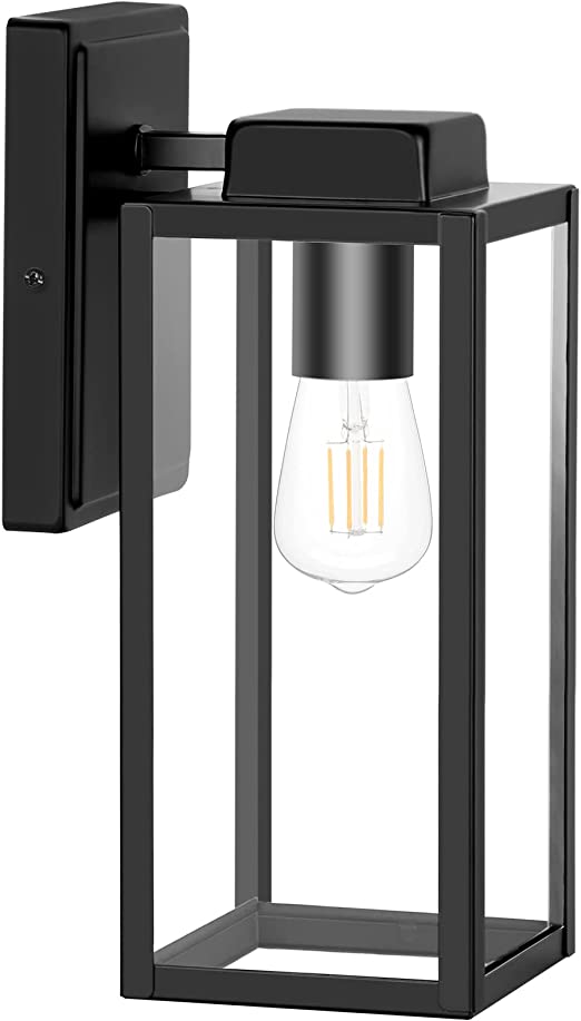 Large Size Outdoor Wall Lantern 16 Inch, Waterproof Exterior Wall Sconce Light Fixture, Anti-Rust Wall Mount Light with Clear Glass Shade, Matte Black Wall Lamp with E26 Socket for Porch, Front Door