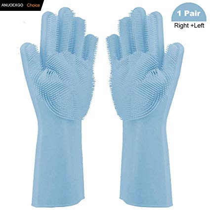Magic Washing Scrubber Heat Resistant Silicone Gloves Dish Washing Rubber Gloves Reusable Kitchen Household Brush for Cleaning, Car Washing, Pet Hair Care (Left   Right) (Blue)