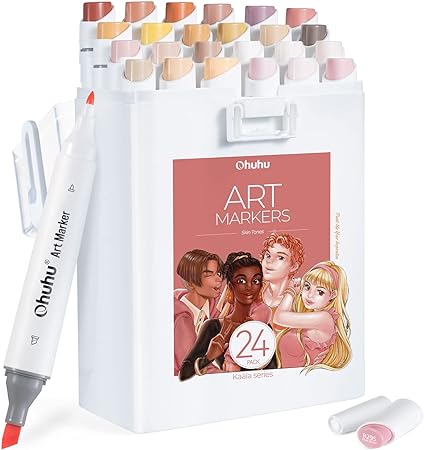 Ohuhu Skin Tone Markers- Slim Broad and Fine Double Tipped Alcohol Marker Set for Artists Adults Coloring Professional Illustration Fashion Design - 24 Portrait Colors - Kaala Markers Ink Refillable