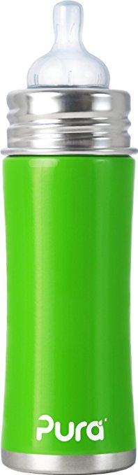 Pura Kiki Stainless Infant Bottle Stainless Steel with Natural Vent Nipple, 11 Ounce, Spring Green, 3 Months  (Plastic Free, NonToxic Certified, BPA Free)