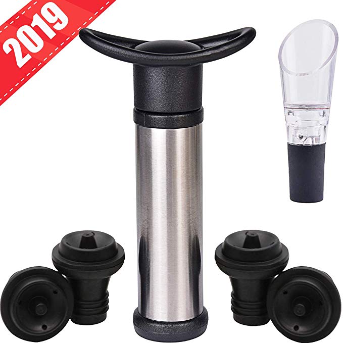 Vacuum Wine Stoppers Set,Original Wine Saver - 4 Reusable Valve Air Wine Bottle Stoppers,1 Stainless Steel Vacuum Pump Preserver,Free Give 1 Wine Aerator Pourer