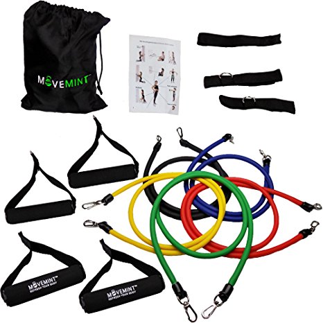 Movemint Resistance Band Set   Extra Handles | 14 piece kit: 4 Handles, 5 Bands, Door Anchor, Ankle Straps, Bag, Workout Guide