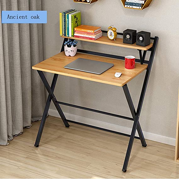 US Fast Shipment Quaanti Folding Computer Desk, Space-Saving Home Office Desk Working Table with Storage Shelf, Foldable Study Writing Desk Laptop Table for Small Space, Kid’s Desk (Khaki)