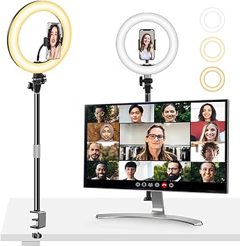 Desk Ring Light with Mount Stand for Home Office/Video Recording/Video Conference/Zoom Meeting/Photography,10'' LED Desk Lamp with Clamp Stand and Phone Holder for Laptop/Computer/Phone/Webcam