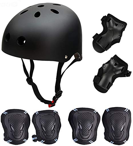 Skateboard / Skate Protection Set with Helmet--SymbolLife Helmet with 6pcs Elbow Knee Wrist Pads for Kids BMX/ Skateboard / Scooter, For Head Size S (55-57cm) Black
