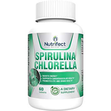 Nutrifect Nutrition Energy & Brain Boosting Spirulina Chlorella Tablets, 2000mg Green Superfood, Highest Dose, 60 Tablets