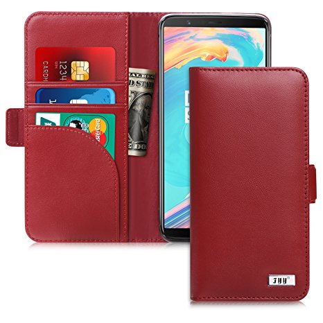 OnePlus 5T Case, FYY [RFID Blocking wallet] Genuine Leather 100% Handmade Wallet Case Credit Card Protector for OnePlus 5T Wine Red