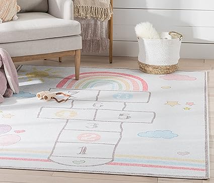 Well Woven Hopscotch Rug Playmat Rainbow Multicolor Beige 3'3" x 5' Apollo Kids Collection