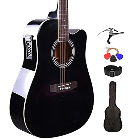 Kadence Frontier Jumbo Semi Acoustic Guitar With Die Cast Keys, Super Combo (Bag, 1 pack Strings, Strap, Picks, Capo (Black)