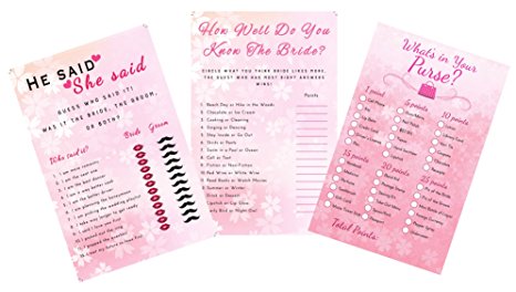 3 Bridal Shower Games | He Said She Said game (50 Sheets) | How Well Do You Know The Bride game (50 Sheet) | What’s In Your Purse game (50 Sheets)