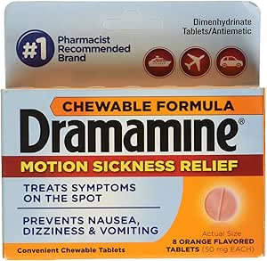 Dramamine Dimenhydrinate Tablets/Antiemetic, 50 mg, Chewable Tablets, Orange Flavor 8 Tablets