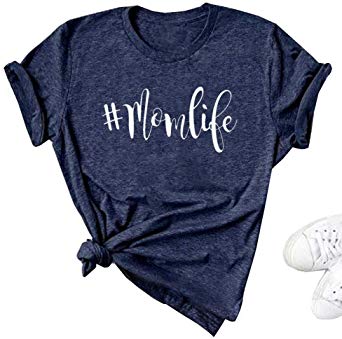 Womens Momlife Letters Print Basic T-Shirt O-Neck Short Sleeve Casual Tee Tops for Mom
