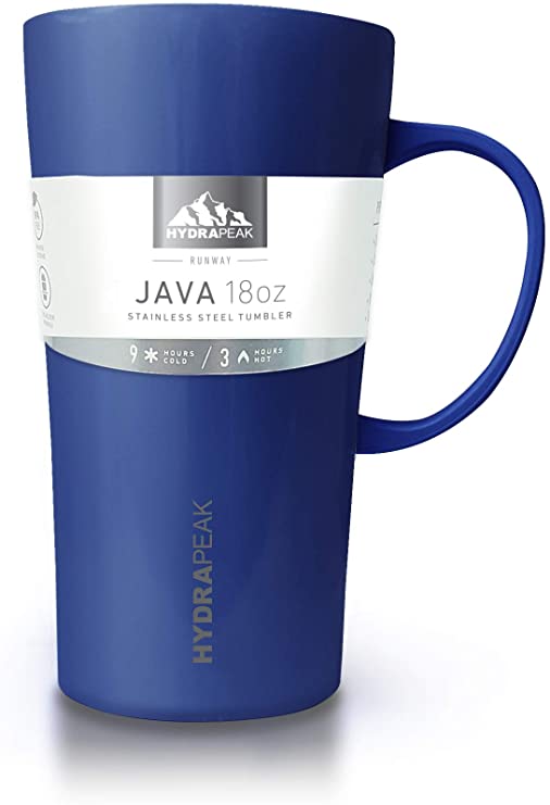 Hydrapeak 18oz Double Vacuum Insulated LARGE JAVA Coffee Mug. Stainless Steel Travel Mug, Tumbler Tea Cup with Water Tight Slide Lid and Handle (18 Ounce) (Cobalt)