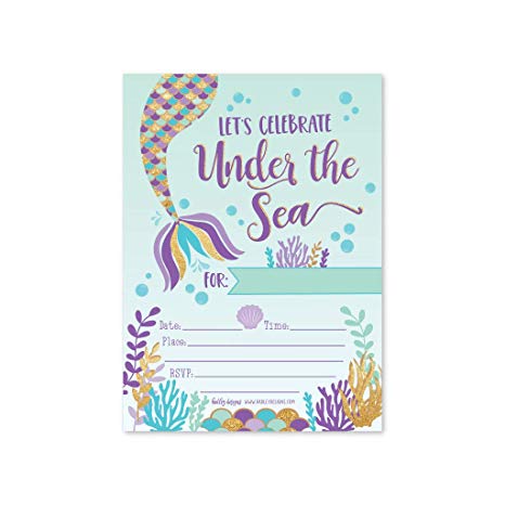 25 Mermaid Under The Sea, Girls Magical Pool Themed Kids Birthday Party Invitation Supplies, Faux Glitter Aqua Beach Ocean Invite Idea, Baby Shower or Bday Decoration Cards, First Printable Template