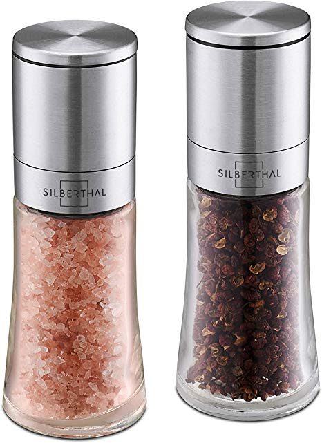 SILBERTHAL Salt and Pepper Grinder Set (Small Size) - 100g Capacity - 130mm x 50mm - Manual Adjustable Coarseness - Glass & Stainless Steel Body