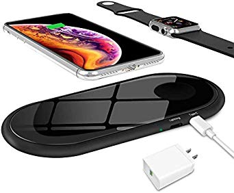 ZealSound Qi-Certified Dual Fast Wireless Charger,10W/7.5W/5W 3 Mode Quick Charging Pad Mat Station Dock Tempered Glass Ultra Slim with QC 3.0 Chargers Adapter for Qi Enabled Phones and Watch (Black)