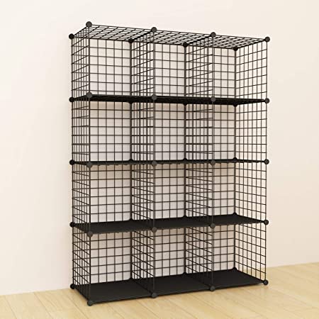 JOISCOPE Bookshelf with Multi-Function Space-Saving 12 Cubes Black Metal Organizer Wire Shelves Cubes Storage Portable Storage Shelf Racks