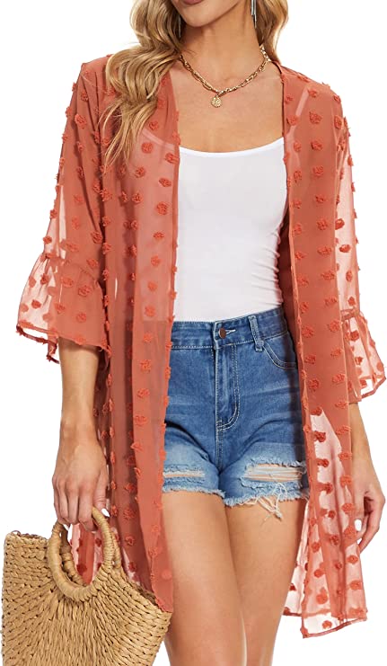 Womens Kimonos for Summer Puff Sleeve Cardigan Casual Loose Fit Beach Cover Ups Resorts Swimwear