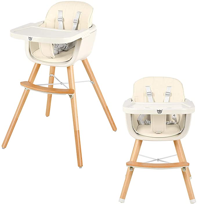 COSTWAY 3-in-1 Convertible High Chair, Baby Dining Chair with Adjustable Legs and Tray, 5-Point Seat Belt, Detachable Footrest, Wooden Feeding Chair for Infants, Toddlers, Kids