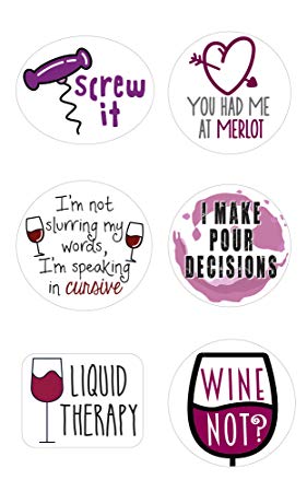 Wine Glass Markers | Set of 12 Static Cling, REUSABLE Stickers | Funny Wine Theme Party Supplies | Unique Alternative to Wine Charms