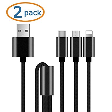 CiDoss 2 Pack Multi USB Cable 3.3 Feet (1M) Nylon Braided 3 in 1 USB Charge Cable with 8 Pin Lightning, USB Type C, Micro USB Charger Connector for iPhone 6 6 Plus 5 5s, iPad Tablets (Black)
