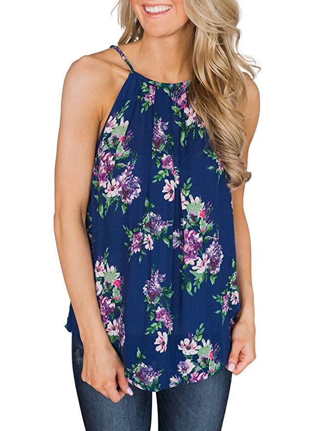 FARYSAYS Women's Casual Floral Print Halter Tank Tops Summer Sleeveless Shirts Blouses