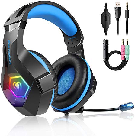 Gaming Headset for PS4, 2019 Latest Ultra Light Professional Gaming Headset, Stereo Surround with Noise Cancelling Soft Microphone RGB Multicolor Lighting, 3.5mm Jack for PS4 Xbox One PC Laptop iPad