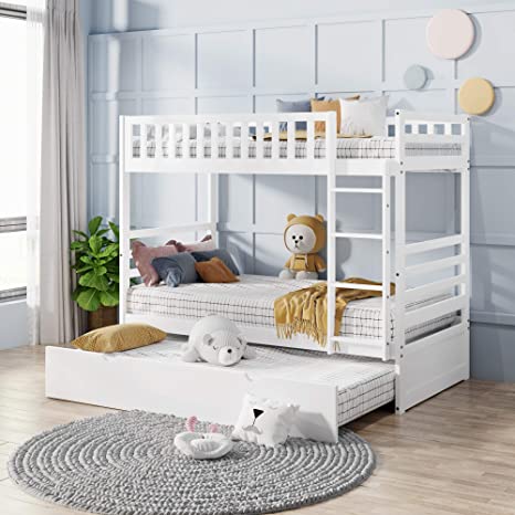 Twin Over Twin Bunk Bed with Trundle, Pine Wood Bunk Beds Twin Over Twin with Guardrail & Ladder, Can be Separated into 3 Twin Bed, Bunk Bed for Kids Girls Teens Adults (Bright White)