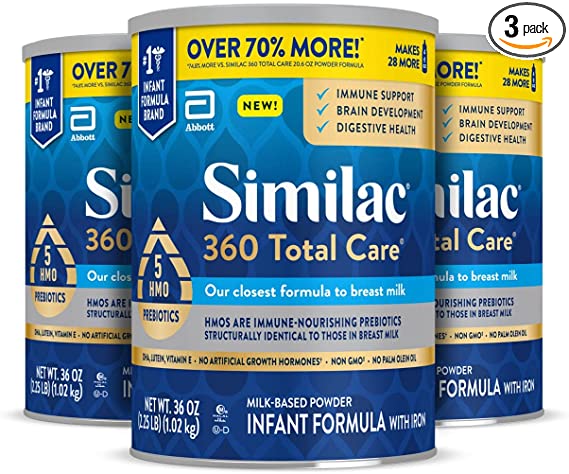 Similac 360 Total Care Infant Formula, with 5 HMO Prebiotics, Our Closest Formula to Breast Milk, Non-GMO, Baby Formula Powder, 36-oz Tub (Case of 3)