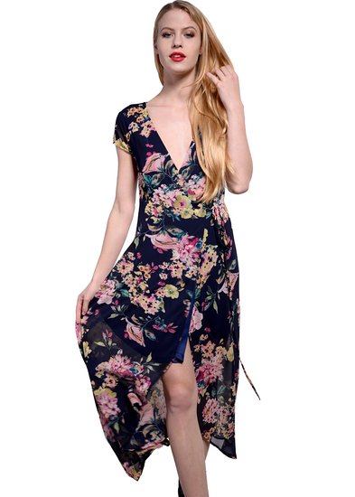 Wink Gal Women's Bohemian Deep V Neck Wrap Floral Print Maxi Long Dress