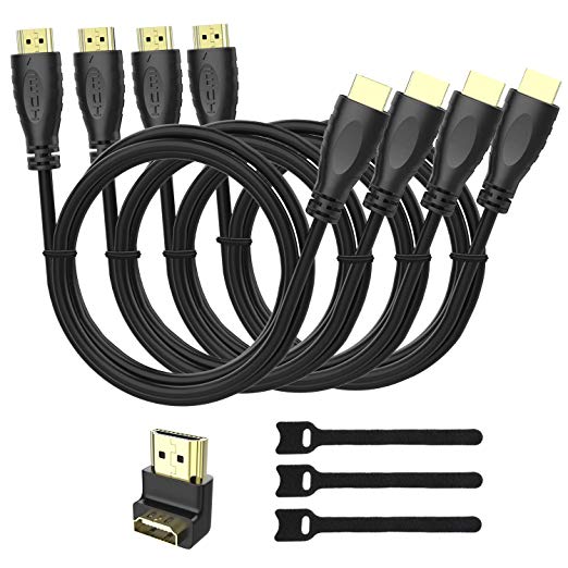 4K HDMI Cable 6ft 4 Pack-HDMI 2.0 Cable Cord W/24K Gold-Plated 90 Degree HDMI Adapter & Cable Ties-High Speed HDMI Cables for Ethernet PS4 1080P Xbox Playstation 3D Blu Ray Laptop PC