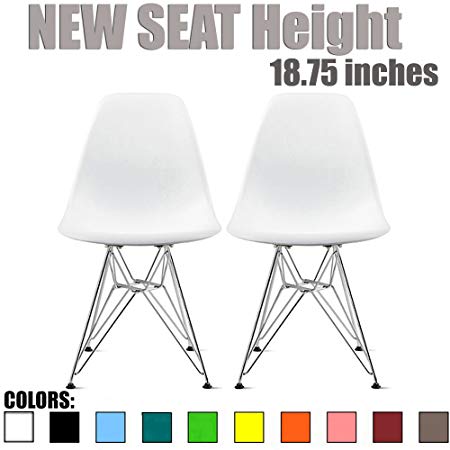 2xhome Set of 2 White Desk Chair Mid Century Modern Plastic Molded Shell Assembled Chairs Chrome Wire Base Metal Eiffel Side Armless No Arms DSW for Work Office Dining Living Kitchen Bedroom