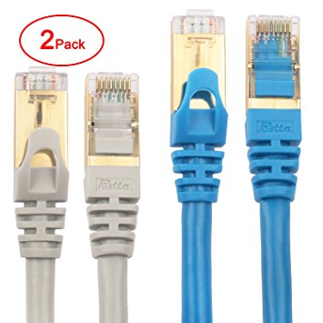 Postta CAT6(6FT)Gold Shielded RJ45 LAN Cord SSTP/SFTP Network Ethernet Patch Cable-2 Pack(Blue/Grey)