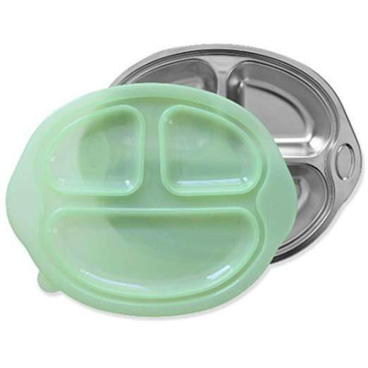 Sage Spoonfuls Happy Foodie, Stainless Steel Divided Kids Plate with Green lid, Green