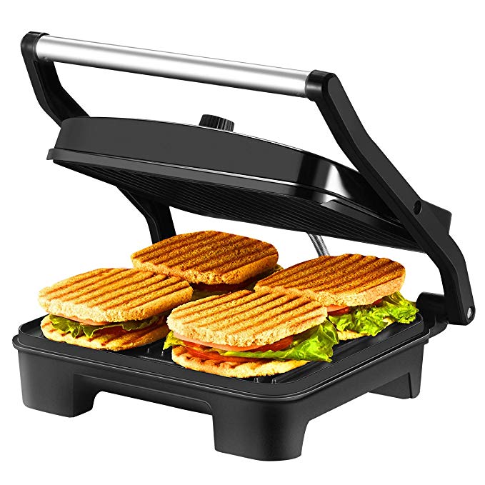 IKICH 4-Serving Nonstick Panini Press, Sandwich Maker -Panini Maker with Temperature Control, Extra-large Plate and Removable Drip Tray, Black, Stainless Steel