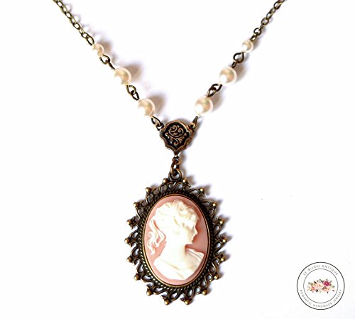 Vintage Cameo Necklace in Pink and White featuring a Lady's Portrait with white Swarovski pearls chain