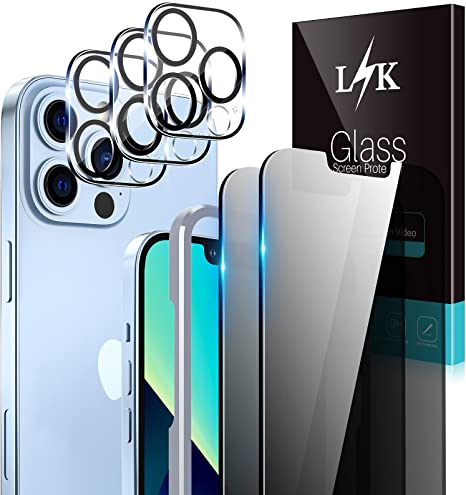 LϟK 2 Pack Privacy Screen Protector Compatible for iPhone 13 Pro 5G 6.1 inch with 3 Pack Camera Lens Protector [Not for iPhone 13] Tempered Glass Film, Case Friendly, Installation Tray