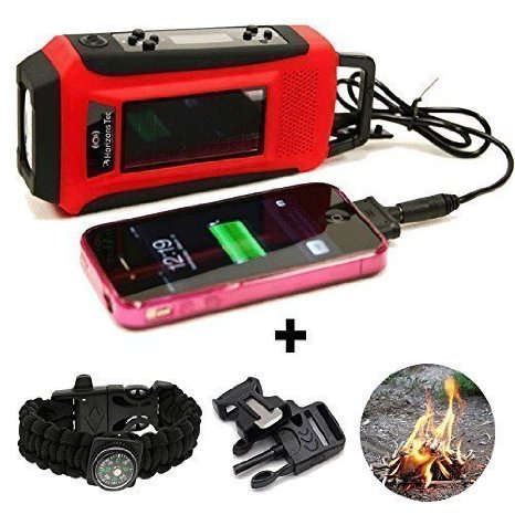 Horizons Tec HT-747 Emergency NOAA Weather Radio Solar and Hand Crank Powered Mobile Cell Phone Charger and Led Flashlight Paracord Survival Kit Bracelet Magnesium Flint Fire Starter Compass Whistle