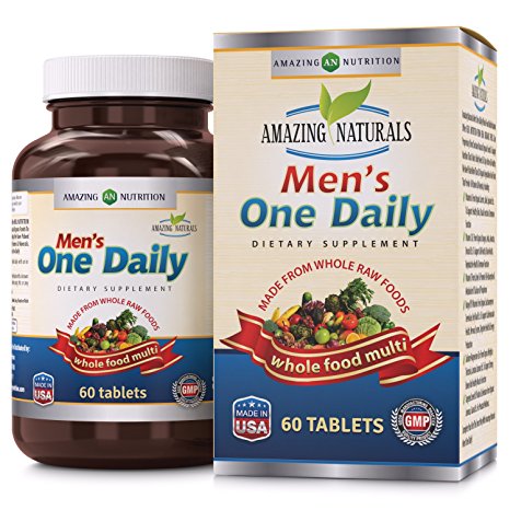 Amazing Naturals MEN'S ONE DAILY Multivitamin * Best Raw Whole Food Multivitamins For Men * 60 Tablets Per Bottle. Packed With The Goodness Of Over 30 Organic Vegetables