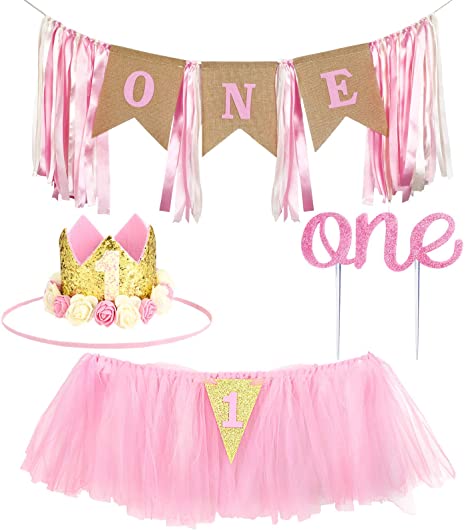 1st Birthday Girl Decoration Set, Includes Princess Crown, First Birthday Banner, ONE Cake Topper and Pink Tutu Skirt Decorated with High Chair for Girl's Birthday Party Supplies