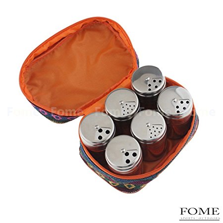 Spice Jars,FOME SPORTS|OUTDOORS 6 Pcs Spice Bottles Spice Slat Pepper Herb Container Shakers with Portable Pouch for Outdoor Home Camping BBQ Easy Carry Use One Year Warranty