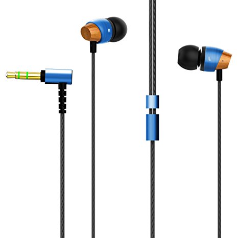 Astrotec AM800 HiFi Stereo Earbuds Headphones, Noise Cancelling Earphones, Wood and Metal Headsets with Dynamic Crystal Clear Sound (Blue)