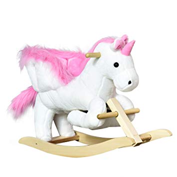 HOMCOM Kids Wooden Plush Ride on Unicorn Rocking Horse Chair Toy with Music