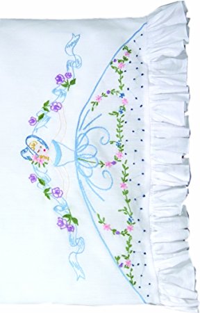 Fairway Needlecraft 82565 Vintage Ruffled Edge Pillowcases, Ribbon and Flower Lady Design, Standard, White