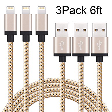 Sundix iPhone Charger 3Pack 6FT Lightning to USB Braided Cable with Aluminum Connector Compatible with iPhone 7/ 7Plus/ 6/ 6S/ 6 Plus/ 6S Plus, 5C/5S/5, iPad/iPod(Golden)