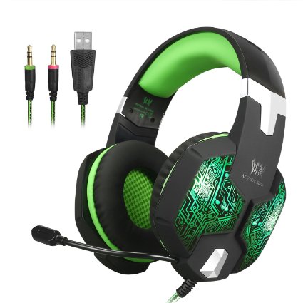 KOTION EACH G1000 3.5mm Professional Bass Stereo PC Gaming Headset Noise Isolation Over-ear LED Headphones with Mic for Laptop Computer (Black&Green)