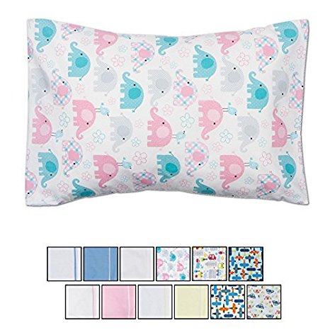 Angel Dreams Toddler Pillowcase, 13x18, Envelope Style, 100% Cotton, Hypoallergenic (Pink Elephants)