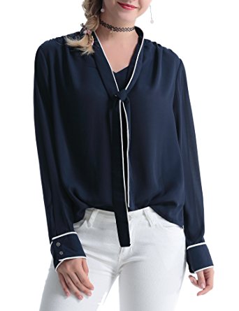 Abollria Women's Vintage Bow Shirt Long Sleeve Loose Chiffon Top Blouse